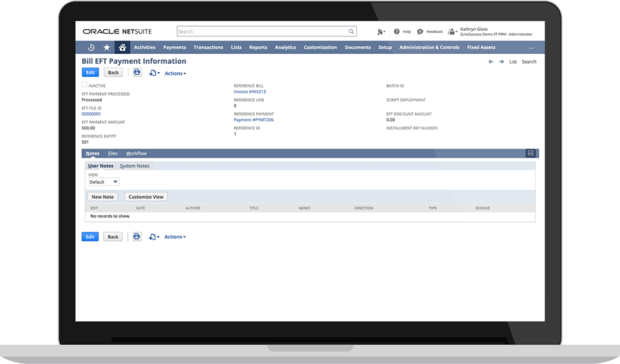 NetSuite Electronic Payments Dashboard.