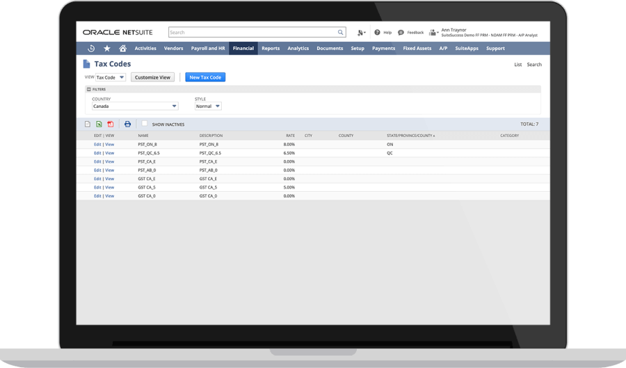 NetSuite Indirect Tax Management Dashboard.